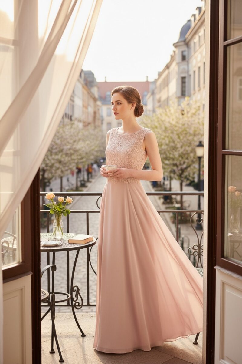 tigasmo_evening_dresses Pitsist kehaosa ja laia šifoonseelikuga pikk pidulik vanaroosa kleit.